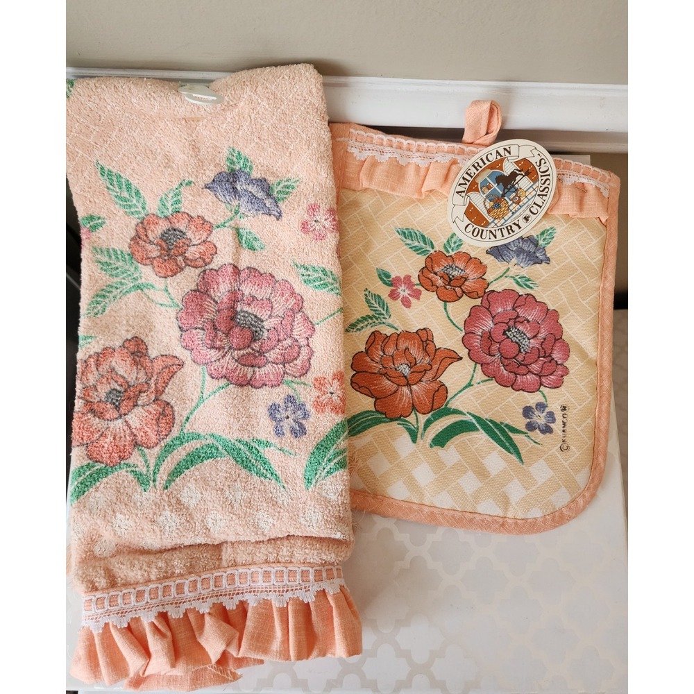 American Country Classics Kitchen Towel Hot Pad Pink/Peach Floral Cottagecore